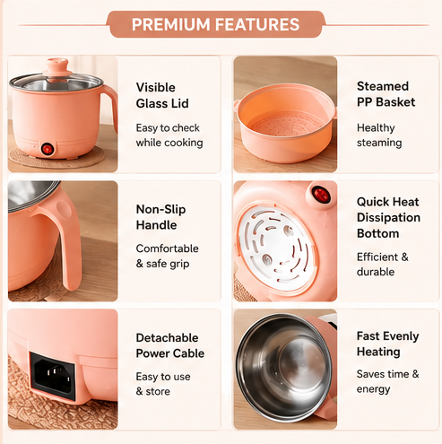 Electric Multi-Function Cooking Pot with Steamer | 1.8L Portable Mini Hot Pot